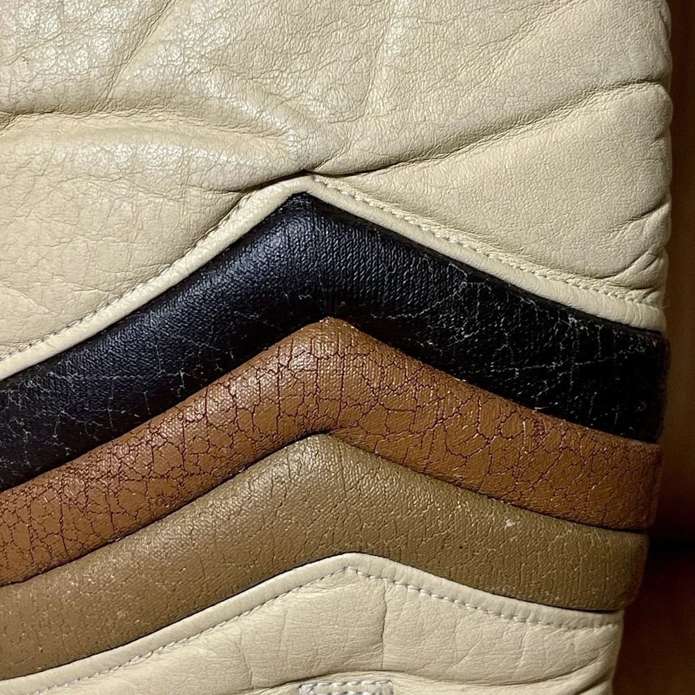 Vintage Hotfingers Leather Mittens Lined Cream Brown Chevron Zipper Skiing Women